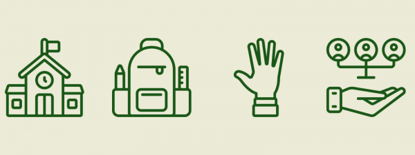 Graphic of schoolhouse, backpack, raised hand, and networking